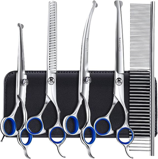 Gimars Professional 4CR Stainless Steel 6 in 1 Grooming Scissors for Dogs with Safety Round Tip, Heavy Duty Titanium Coated Pet Grooming Scissor for Dogs, Cats and Other Animals