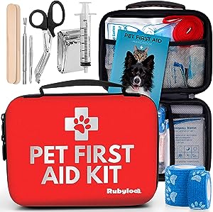 Dog First Aid Kit | Pet First Aid Supplies to Treat Your Dogs & Cats in an Emergency | Includes Pet First Aid Kit Book, Tick Remover, Slip Leash & Medical Essentials for Home, Camping, Car, RV, Travel