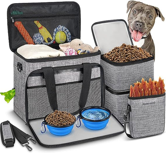 6 Set Dog Travel Bag, Large Pet Travel Kit for Supplies Includes 2 Food Containers, 1 Travel Organizer for Dogs, 2 Collapsible Bowls, 1 Treat Pouch, Dog Weekend Overnight Travel Bags Luggage, Grey