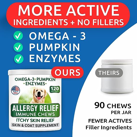 Allergy Relief Dog Treats - Omega 3 + Pumpkin + Enzymes - Itchy Skin Relief - Seasonal Allergies - Anti-Itch & Hot Spots - Immune Supplement - Made in USA - Chicken Flavor Soft Chews