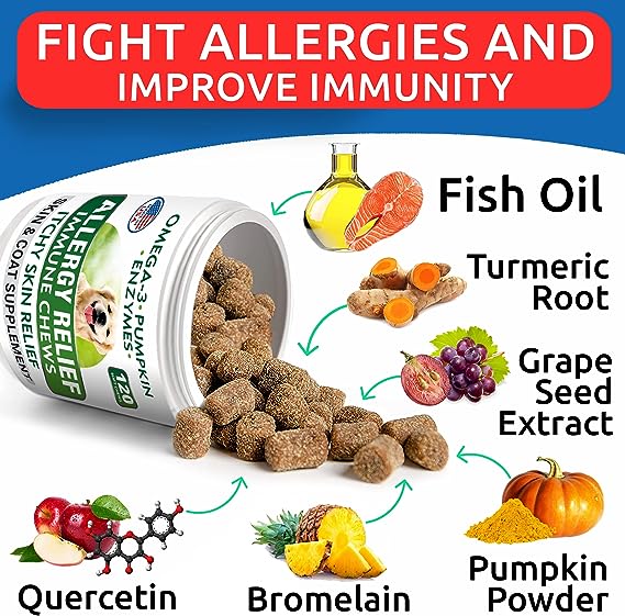 Allergy Relief Dog Treats - Omega 3 + Pumpkin + Enzymes - Itchy Skin Relief - Seasonal Allergies - Anti-Itch & Hot Spots - Immune Supplement - Made in USA - Chicken Flavor Soft Chews