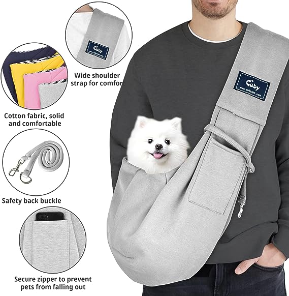 Cuby Dog and Cat Sling Carrier – Hands Free Reversible Pet Papoose Bag - Soft Pouch and Tote Design – Suitable for Puppy, Small Dogs, and Cats for Outdoor Travel (Classic Grey)