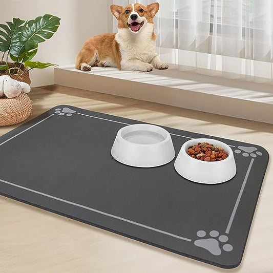 Absorbent Large Pet Feeding Mat, 24"x16" Dog Mat for Food and Water Bowl, No Stains & Easy Clean Dog Food Mats for Floors, Quick Dry Dog Water Bowl Mat for Messy Drinker, Pet Supplies Mat (Grey)